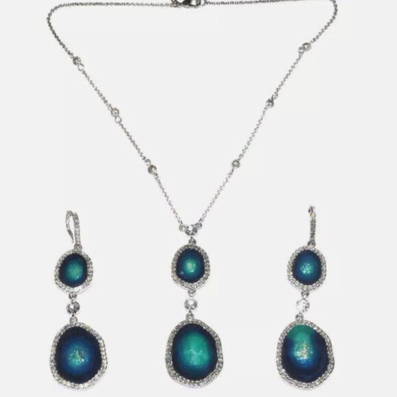 Vintage Avon Faux Turquoise Blue Geode Rhinestone Drop Necklace and Earrings Set - Picture 1 of 12